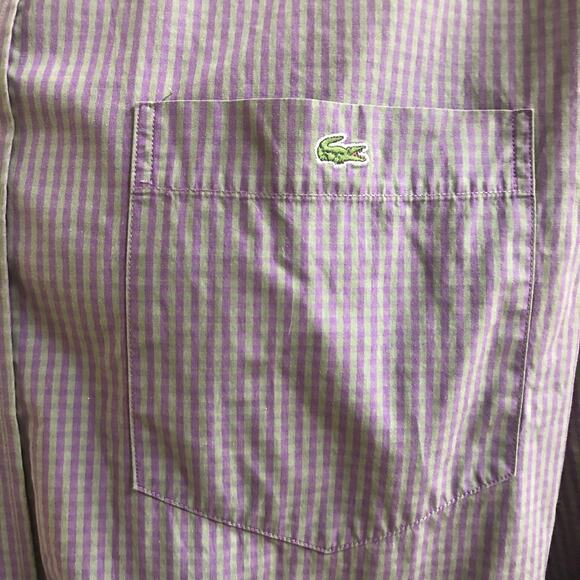 Lacoste Classic Fit Purple Green Striped Cotton Button Down Shirt Men's 42 (L) - Picture 3 of 8